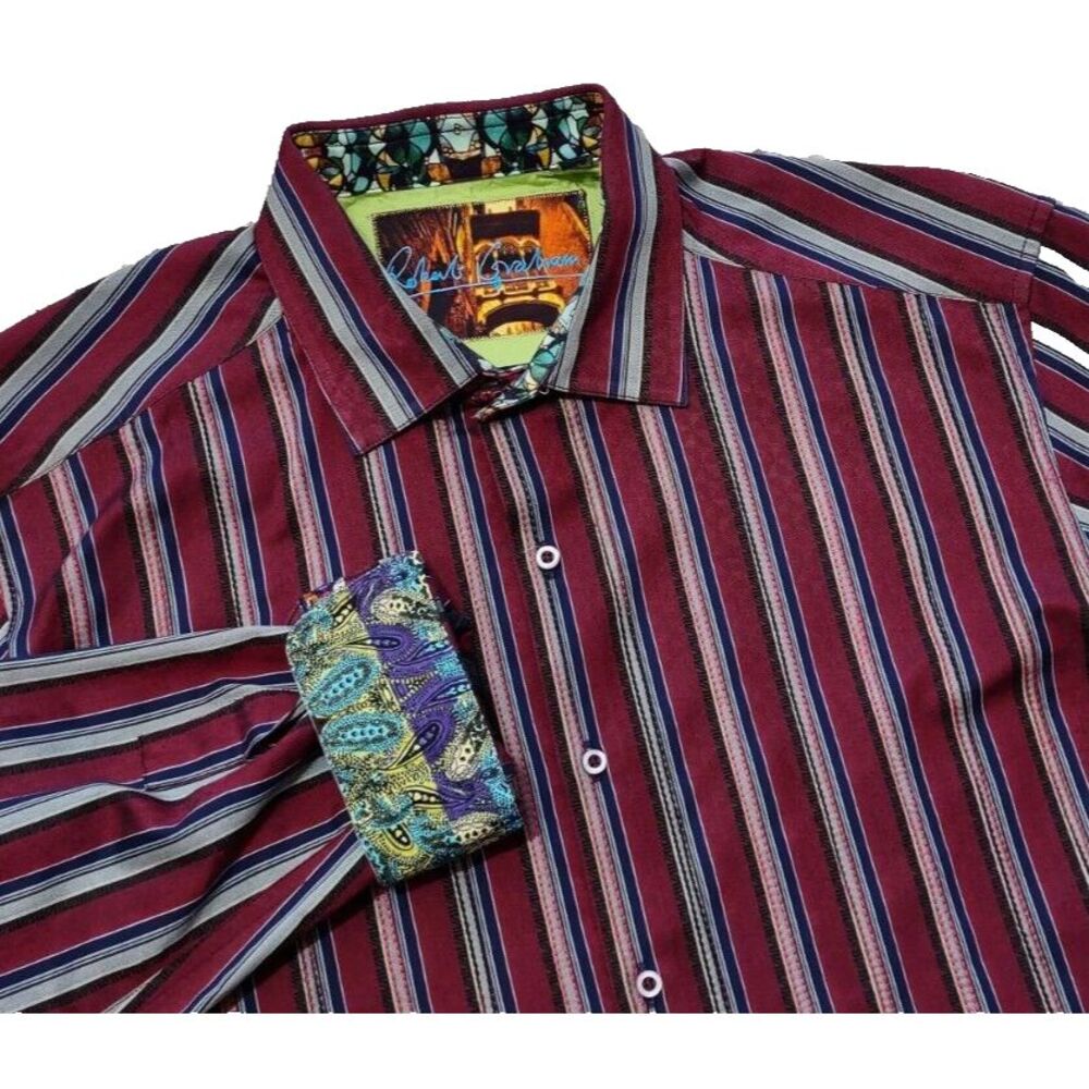 Robert Graham Button Shirt Mens Large (L) Stripes Embroidered Paisley Flip Cuffs